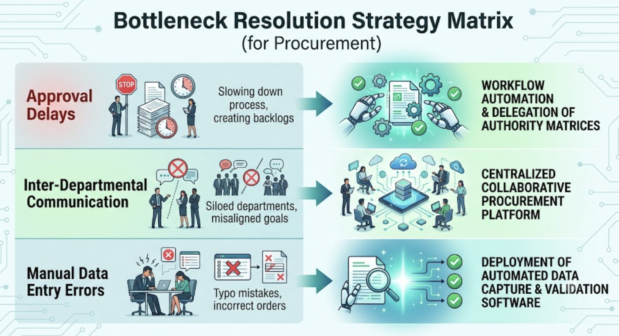 An infographic matrix titled "Bottleneck Resolution Strategy Matrix (for Procurement)" illustrating three main procurement problems and their corresponding technological solutions. The matrix is divided into three rows: Approval Delays, Inter-Departmental Communication, and Manual Data Entry Errors. Each problem is described with text and an illustrative icon on the left, connected by an arrow to a strategic solution with a corresponding icon on the right. Solutions include Workflow Automation & Delegation of Authority Matrices, a Centralized Collaborative Procurement Platform, and Deployment of Automated Data Capture & Validation Software.