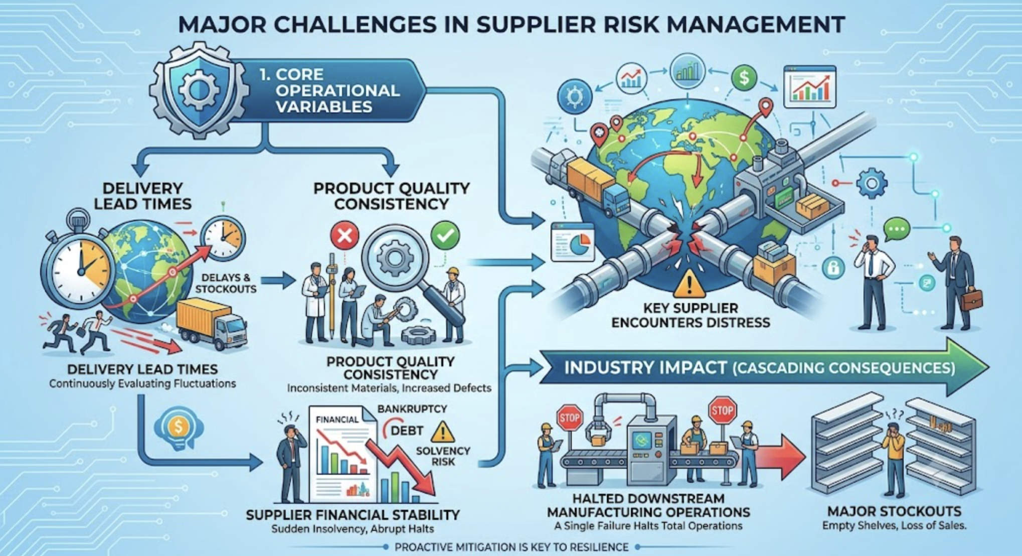 A comprehensive infographic titled "MAJOR CHALLENGES IN SUPPLIER RISK MANAGEMENT" showing an interconnected flow of risks. It highlights three "CORE OPERATIONAL VARIABLES": "DELIVERY LEAD TIMES" (with clocks and trucks), "PRODUCT QUALITY CONSISTENCY" (with gears and quality checks), and "SUPPLIER FINANCIAL STABILITY" (with a falling stock chart). These risks lead to "KEY SUPPLIER ENCOUNTERS DISTRESS", depicted as a breaking globe. Finally, the "INDUSTRY IMPACT" section illustrates the consequences: "HALTED DOWNSTREAM MANUFACTURING OPERATIONS" in an empty factory and "MAJOR STOCKOUTS" with empty retail shelves. The bottom text says "PROACTIVE MITIGATION IS KEY TO RESILIENCE".