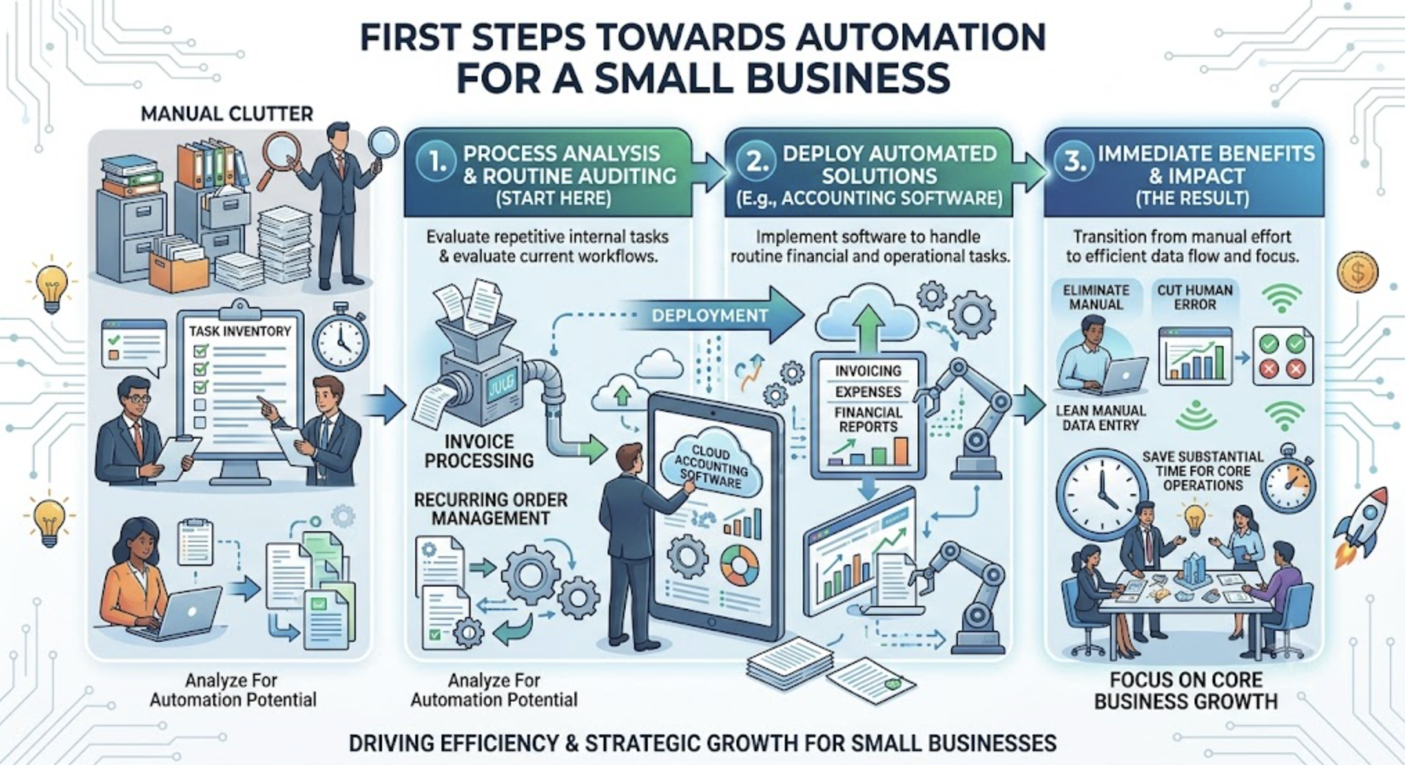 An informative and modern vector infographic titled 'FIRST STEPS TOWARDS AUTOMATION FOR A SMALL BUSINESS'. The image illustrates a structured, multi-step workflow from left to right, designed in a clean vector style with a blue, green, and orange color scheme and glowing circuit accents. The left side starts with a 'MANUAL CLUTTER' pre-step showing staff overwhelmed by paper piles, which then transitions into Step 1: 'PROCESS ANALYSIS & ROUTINE AUDITING (START HERE)'. This section features diverse employees using magnifying glasses to evaluate and map out tasks like 'INVOICE PROCESSING' and 'RECURRING ORDER MANAGEMENT' within stylized pipes. The flow continues to Step 2: 'DEPLOY AUTOMATED SOLUTIONS (E.g., ACCOUNTING SOFTWARE)', depicting a manager using a large tablet displaying cloud software icons, a data flow, and robot arms, with text indicating deployment into a modern digital dashboard. The final step is 'IMMEDIATE BENEFITS & IMPACT (THE RESULT)', with icons and text detailing specific outcomes like 'ELIMINATE MANUAL DATA ENTRY', 'CUT HUMAN ERROR', and 'SAVE SUBSTANTIAL TIME FOR CORE OPERATIONS', each with illustrative graphics like clocks and clean forms. This last column culminates in the final goal, 'FOCUS ON CORE BUSINESS GROWTH', showing business figures collaborating around a table and a launching rocket with a growth arrow. The footer reads 'DRIVING EFFICIENCY & STRATEGIC GROWTH FOR SMALL BUSINESSES'. Small lightbulb icons, gears, and data nodes are scattered throughout.
