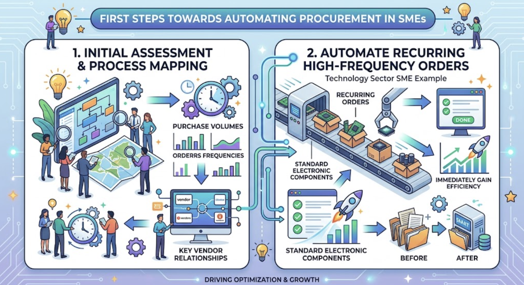 A modern, vector-style infographic titled "FIRST STEPS TOWARDS AUTOMATING PROCUREMENT IN SMEs" divided into two main sections against a subtle digital circuit background. The left section, "1. INITIAL ASSESSMENT & PROCESS MAPPING," illustrates diverse business professionals using magnifying glasses to analyze digital flowcharts, maps, and clocks. It includes bar charts for "PURCHASE VOLUMES" and "ORDERS FREQUENCIES," and a computer monitor displaying a network of "KEY VENDOR RELATIONSHIPS." Arrows connect this to the right section, "2. AUTOMATE RECURRING HIGH-FREQUENCY ORDERS (Technology Sector SME Example)." This side features an automated conveyor belt where robotic arms pack "STANDARD ELECTRONIC COMPONENTS" into boxes. A rising rocket and a green "DONE" screen symbolize "IMMEDIATELY GAIN EFFICIENCY," accompanied by a visual comparison showing a transition from messy paper folders ("BEFORE") to a streamlined digital server ("AFTER"). The bottom footer reads "DRIVING OPTIMIZATION & GROWTH."