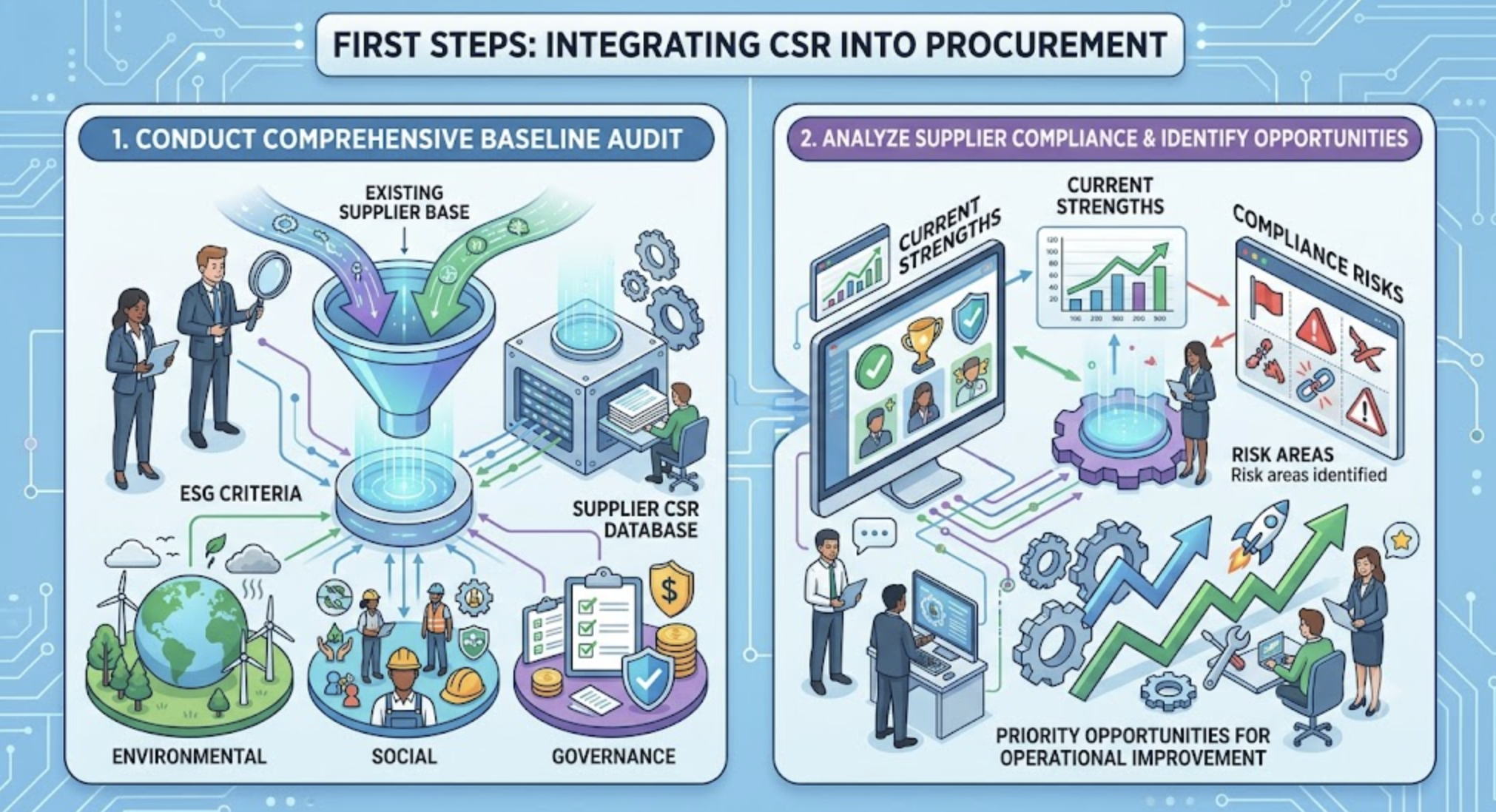 A detailed digital infographic titled "FIRST STEPS: INTEGRATING CSR INTO PROCUREMENT". The image is divided into two main panels against a light blue technological circuit background. The left panel, "1. CONDUCT COMPREHENSIVE BASELINE AUDIT," shows business professionals examining an "EXISTING SUPPLIER BASE" that flows through a digital funnel. The funnel integrates "ESG CRITERIA" represented by three distinct islands: "ENVIRONMENTAL" (a globe with wind turbines), "SOCIAL" (a diverse group of workers), and "GOVERNANCE" (a checklist, shield, and coins), which then feeds into a "SUPPLIER CSR DATABASE". The right panel, "2. ANALYZE SUPPLIER COMPLIANCE & IDENTIFY OPPORTUNITIES," displays digital dashboards highlighting "CURRENT STRENGTHS" with upward charts and trophies, and a red alert window showing "COMPLIANCE RISKS" with warning signs and broken chains. At the bottom, a collaborative team of employees works with interconnected gears and rising growth arrows, symbolizing "PRIORITY OPPORTUNITIES FOR OPERATIONAL IMPROVEMENT."