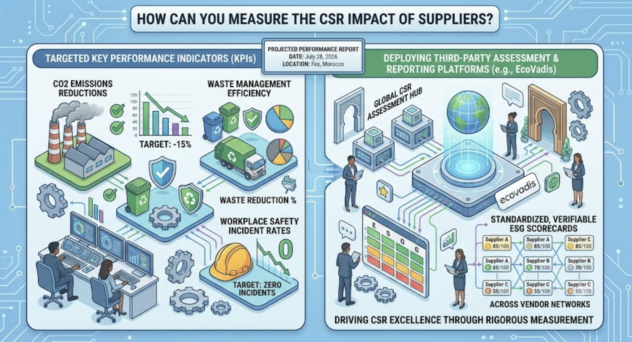 A detailed isometric vector infographic titled "HOW CAN YOU MEASURE THE CSR IMPACT OF SUPPLIERS?" set against a light blue circuit board background. A top central badge reads "PROJECTED PERFORMANCE REPORT, DATE: July 28, 2026, LOCATION: Fes, Morocco". The left panel, "TARGETED KEY PERFORMANCE INDICATORS (KPIs)", illustrates specific metrics: "CO2 EMISSIONS REDUCTIONS" showing factories and a downward bar chart targeting "-15%"; "WASTE MANAGEMENT EFFICIENCY" displaying recycling bins, a green truck, and pie charts; and "WORKPLACE SAFETY INCIDENT RATES" featuring a yellow hard hat and a line chart pointing to a target of "ZERO INCIDENTS". Two technicians sit at a lower control desk monitoring this data. The right panel, "DEPLOYING THIRD-PARTY ASSESSMENT & REPORTING PLATFORMS (e.g., EcoVadis)", features a glowing digital globe hovering over a central server labeled 'ecovadis'. This hub connects to data servers framed by traditional Moroccan architectural arches labeled 'GLOBAL CSR ASSESSMENT HUB'. Business professionals are shown interacting with a digital ESG matrix dashboard and reviewing "STANDARDIZED, VERIFIABLE ESG SCORECARDS ACROSS VENDOR NETWORKS" that display connected scores for Suppliers A, B, and C. The bottom footer reads, "DRIVING CSR EXCELLENCE THROUGH RIGOROUS MEASUREMENT".