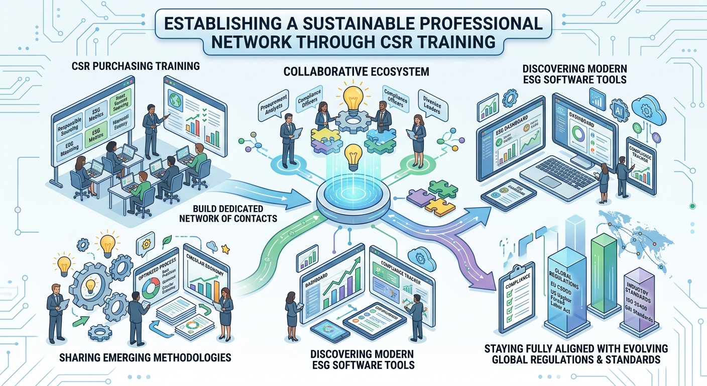 A detailed digital vector infographic titled "ESTABLISHING A SUSTAINABLE PROFESSIONAL NETWORK". The design is divided into two main panels connected by glowing network nodes against a light blue, interconnected digital background. The left panel, "CSR PURCHASING TRAINING", shows diverse business professionals in a collaborative workshop environment, shaking hands and discussing responsible sourcing, accompanied by icons of growing plants and connecting puzzle pieces. A flowing data stream connects this group to the right panel, "THE COLLABORATIVE ECOSYSTEM". This section is split into three interconnected action areas: "SHARING EMERGING METHODOLOGIES" featuring a lightbulb and collaborative gears; "DISCOVERING ESG SOFTWARE TOOLS" displaying a modern desktop monitor with environmental analytics and an ESG dashboard; and "ALIGNING WITH GLOBAL REGULATIONS" showing a balance scale, a globe, and a compliance checklist shield. The bottom footer reads, "DRIVING RESPONSIBLE SOURCING THROUGH COLLABORATION".