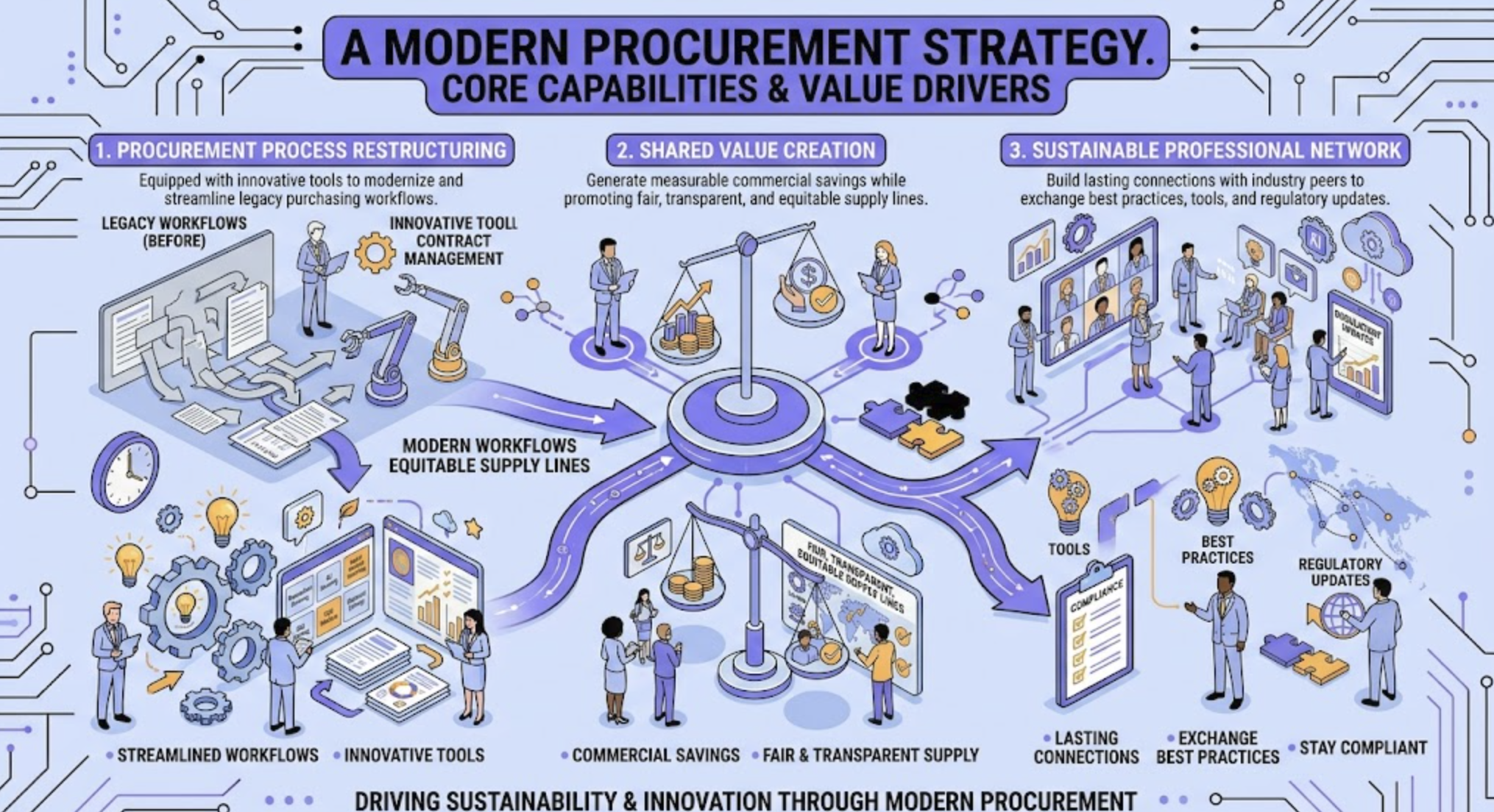A modern, detailed vector infographic titled "A Modern Procurement Strategy. Core Capabilities & Value Drivers", presented in a technical diagram style with a blue and purple color scheme. The top left corner displays a date of "July 28, 2026" and location of "Fes, Morocco." The infographic is divided into three main columns, interconnected by glowing data streams. The left column, "1. PROCUREMENT PROCESS RESTRUCTURING", with text "Equipped with innovative tools to modernize and streamline legacy purchasing workflows," visualizes a shift from "LEGACY WORKFLOWS (BEFORE)" panels of chaotic forms to "INNOVATIVE TOOL. CONTRACT MANAGEMENT" robotic arms and data screens. Below, icons point to "STREAMLINED WORKFLOWS" and "INNOVATIVE TOOLS". The middle column, "2. SHARED VALUE CREATION", with text "Generate measurable commercial savings while promoting fair, transparent, and equitable supply lines," features a large, balanced scale. On one side are coins and charts with "COMMERCIAL SAVINGS." On the other side is a panel with text for "FIU*, TRANSPARENT, EQUITABLE SUPPLY LINES" (with diverse teams connected by puzzle pieces). Below, icons are for "COMMERCIAL SAVINGS" and "FAIR & TRANSPARENT SUPPLY". The right column, "3. SUSTAINABLE PROFESSIONAL NETWORK", with text "Build lasting connections with industry peers to exchange best practices, tools, and regulatory updates," displays a large digital remote professional interface grid. Diverse teams discuss ideas with icons for "TOOLS", "BEST PRACTICES", and "REGULATORY UPDATES". Below, a list points to "LASTING CONNECTIONS", "EXCHANGE BEST PRACTICES", and "STAY COMPLIANT". Diverse people figures work at various futuristic desks throughout the scene. The entire composition rests on a background pattern of circuit board traces. The footer text reads "DRIVING SUSTAINABILITY & INNOVATION THROUGH MODERN PROCUREMENT."