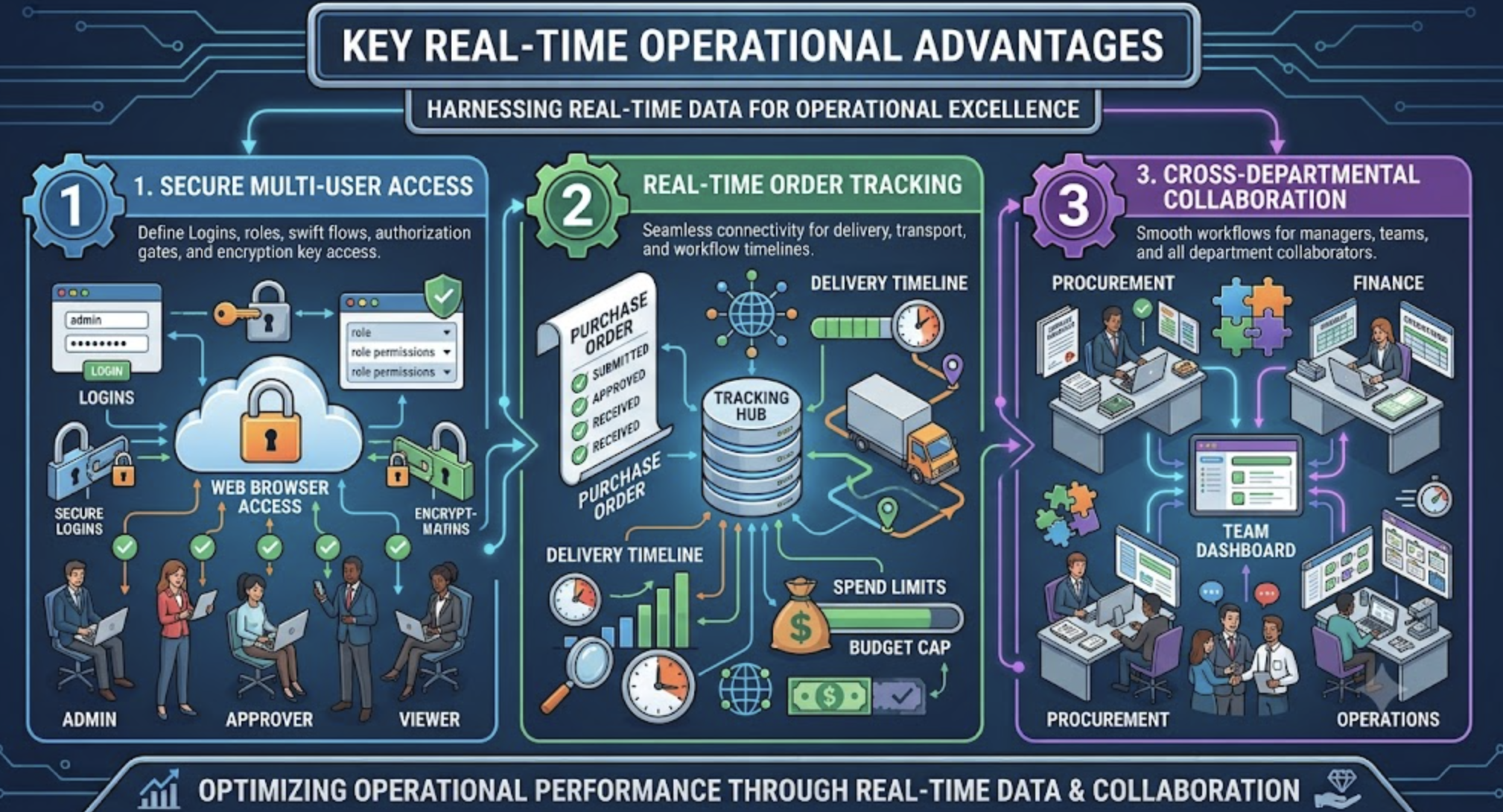 A strictly color-coded isometric vector infographic (using only purple, orange, light blue, black, and white) titled "KEY REAL-TIME OPERATIONAL ADVANTAGES". The design features three main sections on a light blue background with subtle black circuit patterns. Section 1, "SECURE MULTI-USER ACCESS", shows a web browser interface with role-based login screens and a secure central cloud. Section 2, "REAL-TIME ORDER TRACKING", displays a digital purchase order, a delivery truck on a timeline, and spend limit indicators with orange coins. Section 3, "CROSS-DEPARTMENTAL COLLABORATION", illustrates professionals from procurement, finance, and operations connected via purple data streams to a central dashboard. The design contains absolutely no dates, times, or location markers.