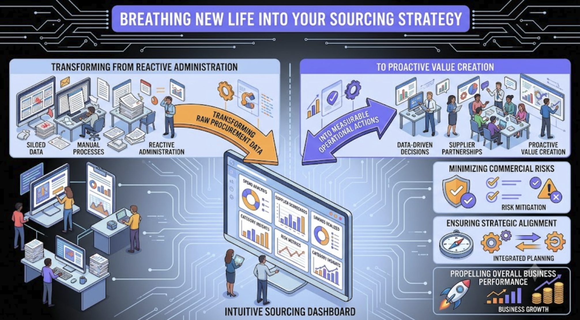 An detailed isometric vector infographic flowchart set against a blue circuit board background, titled "BREATHING NEW LIFE INTO YOUR SOURCING STRATEGY." The visual compares a shift on the left from "TRANSFORMING FROM REACTIVE ADMINISTRATION" (with cluttered desks, paper forms, disoriented workers, and bubbles labeled "SILOED DATA", "MANUAL PROCESSES", "REACTIVE ADMINISTRATION") to the right "TO PROACTIVE VALUE CREATION" (with a collaborative team, data visualization on a modern screen, and bubbles labeled "DATA-DRIVEN DECISIONS", "SUPPLIER PARTNERSHIPS", "PROACTIVE VALUE CREATION"). Connecting arrows detail "TRANSFORMING RAW PROCUREMENT DATA" and "INTO MEASURABLE OPERATIONAL ACTIONS," linking the sections to a central large screen displaying an "INTUITIVE SOURCING DASHBOARD" with metric panels for Spend Analysis, Category Insights, Supplier Scorecards, Savings Realized, and Risk Metrics. This central dashboard is linked to three benefit panels on the bottom right: "MINIMIZING COMMERCIAL RISKS" (Risk Mitigation shield icon), "ENSURING STRATEGIC ALIGNMENT" (Integrated Planning compass icon), and "PROPELLING OVERALL BUSINESS PERFORMANCE" (Business Growth rocket and coin icon).