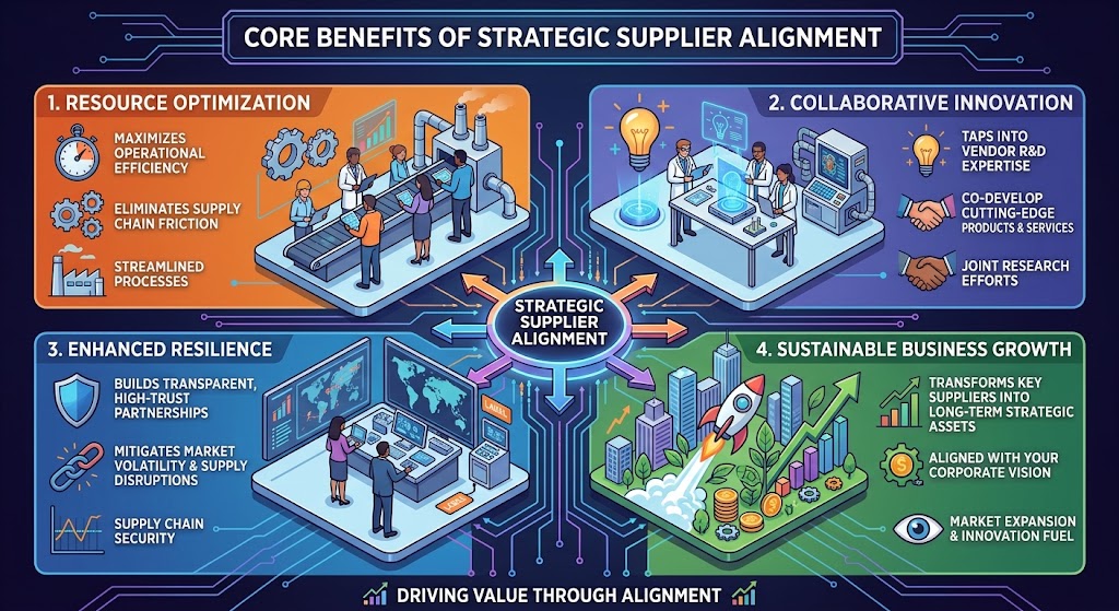 An isometric infographic titled "CORE BENEFITS OF STRATEGIC SUPPLIER ALIGNMENT" featuring a central hub connecting four key operational areas on a dark digital circuit background. Panel 1, "RESOURCE OPTIMIZATION," illustrates workers streamlining a factory conveyor belt to maximize efficiency. Panel 2, "COLLABORATIVE INNOVATION," depicts an R&D team co-developing cutting-edge tech to tap into vendor expertise. Panel 3, "ENHANCED RESILIENCE," shows professionals monitoring global supply chain maps on large screens to mitigate market volatility. Panel 4, "SUSTAINABLE BUSINESS GROWTH," features a rocket launching from a green, growing city to symbolize transforming suppliers into long-term strategic assets. The footer reads "DRIVING VALUE THROUGH ALIGNMENT."