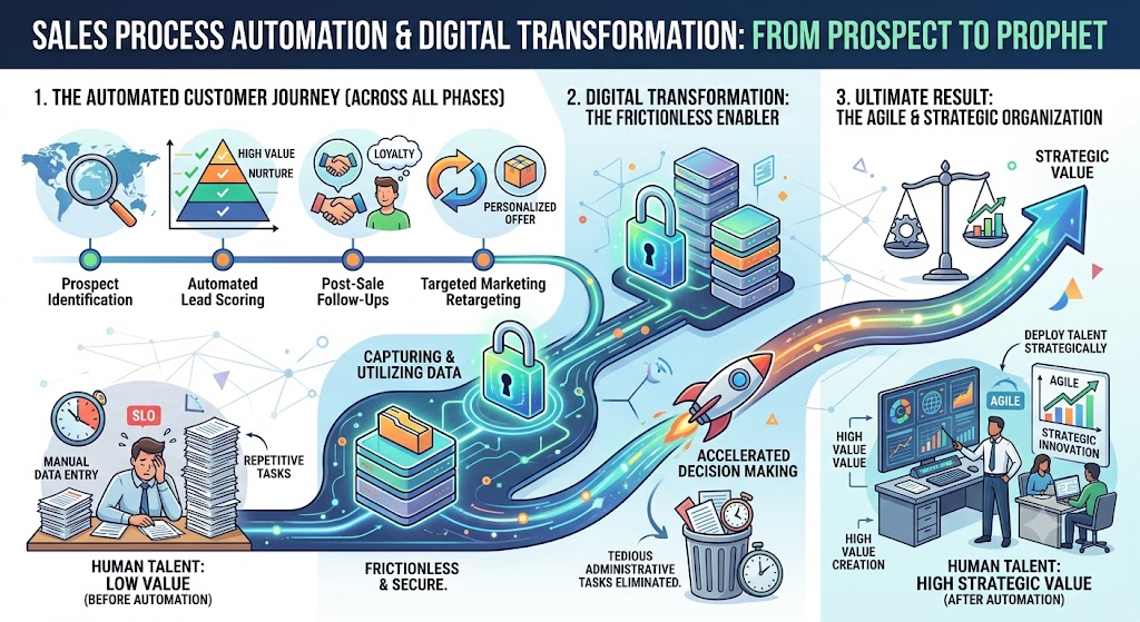 "Professional infographic titled 'Sales Process Automation & Digital Transformation: From Prospect to Prophet'. It illustrates three main sections: 1. The Automated Customer Journey (Prospect Identification, Lead Scoring, Post-Sale Follow-Ups, Marketing Retargeting). 2. Digital Transformation (Frictionless and Secure Data Capture, Accelerated Decision Making). 3. The agile organization result, contrasting a stressed worker doing low-value manual tasks before automation with a collaborative team creating high strategic value after automation."