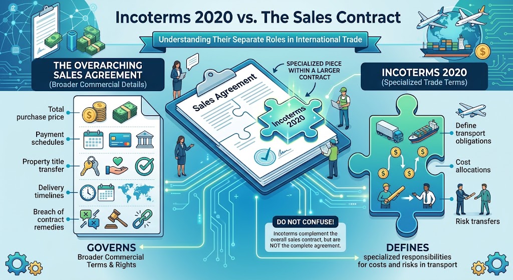"An infographic comparing Incoterms 2020 and the Sales Contract for international trade. It shows an 'Incoterms 2020' jigsaw puzzle piece fitting into a central 'Sales Agreement' contract, labeled as a 'SPECIALIZED PIECE WITHIN A LARGER CONTRACT'. The left section lists broader commercial details governed by the overall sales agreement, such as total purchase price, payment schedules, and title transfer, with icons for money, calendars, and keys. The right section lists specialized trade terms defined by Incoterms 2020, such as transport obligations, cost allocations, and risk transfers, with icons for global transport. A 'DO NOT CONFUSE!' warning box states that Incoterms are not the complete agreement."