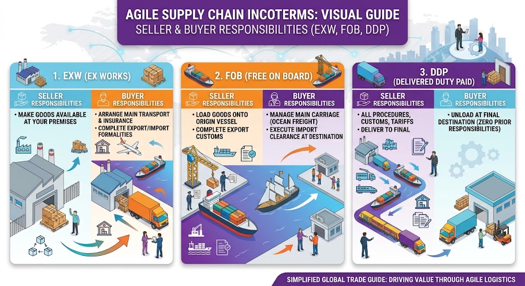 A comprehensive infographic guide on Agile Supply Chain Incoterms, detailing the specific seller and buyer responsibilities for EXW (Ex Works), FOB (Free On Board), and DDP (Delivered Duty Paid) with clear isometric illustrations. Titles include 'Seller & Buyer Responsibilities' and 'Agile Supply Chain Incoterms: Visual Guide'.