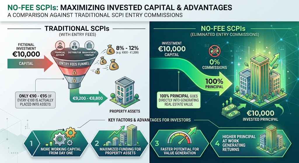 An infographic comparing Traditional SCPIs with No-Fee SCPIs. The left side demonstrates how traditional SCPIs deduct 8% to 12% in entry fees, meaning only a portion of a €10,000 investment reaches property assets. The right side illustrates No-Fee SCPIs, where 0% commissions allow 100% of the €10,000 principal to go directly into generating real estate value. The bottom highlights four investor advantages: more working capital from day one, maximized funding for property assets, faster potential for value generation, and higher principal at work generating returns.