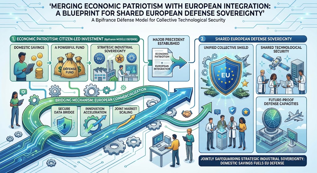 A professional isometric infographic illustrating 'MERGING ECONOMIC PATRIOTISM WITH EUROPEAN INTEGRATION: A BLUEPRINT FOR SHARED EUROPEAN DEFENSE SOVEREIGNTY.' The detailed graphic outlines the Bpifrance Défense Model, showing how Citizen-Led Investment from Domestic Savings funds Strategic Industrial Sovereignty. A central bridging mechanism for European Commercialization and innovation connects this domestic focus to the shared goals of a Unified Collective Shield, Shared Technological Security, and Future-Proof Defense Capacities under a large EU shield. The infographic uses a modern circuit board and data flow theme with diverse characters collaborating on tablets, computers, and in a lab.