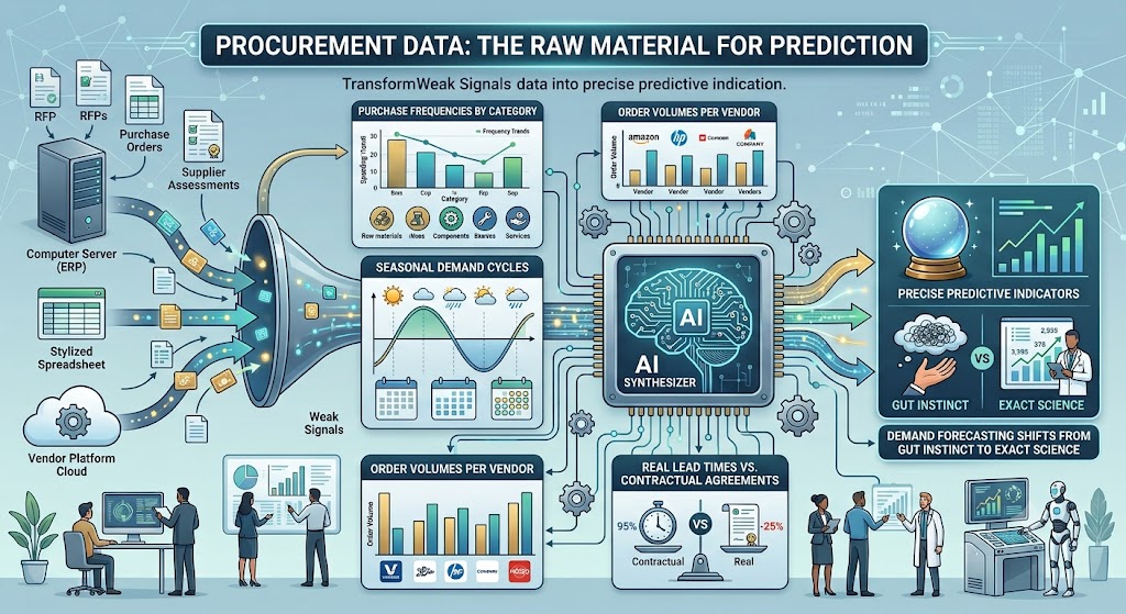 An intricate business infographic titled 'Procurement Data: The Raw Material for Prediction', illustrating how RFPs, purchase orders, and other data sources funnel 'Weak Signals' into a central 'AI Synthesizer' chip with a brain. The processor connects to dashboards analyzing purchase frequencies by category, vendor order volumes, seasonal demand cycles, and lead times versus agreements. The right panel displays output: 'Precise Predictive Indicators' via a crystal ball and a contrast of 'Gut Instinct vs Exact Science', emphasizing the shift in demand forecasting. Professionals and a robot operate terminals below.