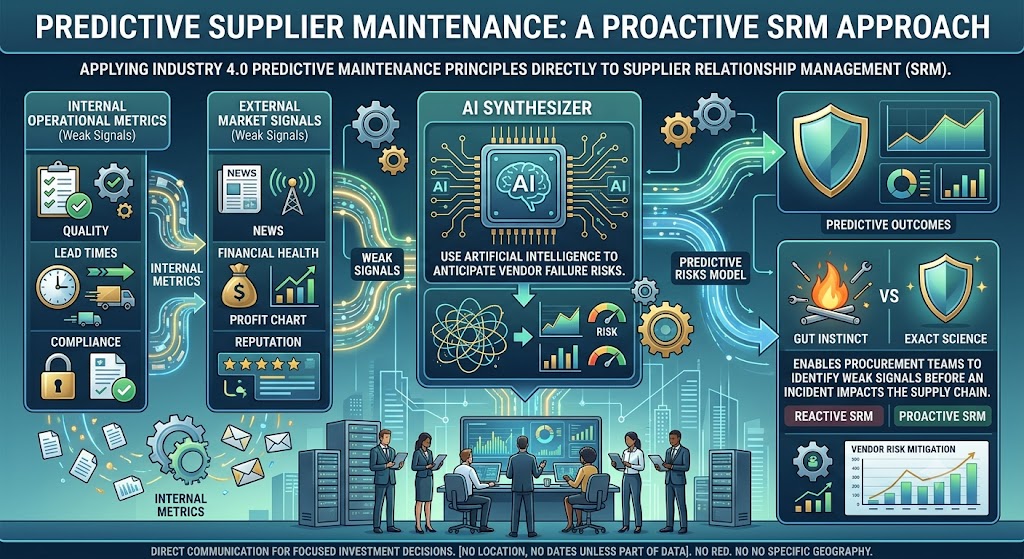 A detailed B2B infographic titled "PREDICTIVE SUPPLIER MAINTENANCE: A PROACTIVE SRM APPROACH" illustrating how predictive AI-driven Supplier Relationship Management (SRM) anticipates vendor failure risks. The left side shows columns of internal metrics (Quality, Lead Times, Compliance) and external signals (News, Financial Health, Reputation) as data inputs. These weak signals flow into a central "AI Synthesizer" processor, which state "USE ARTIFICIAL INTELLIGENCE TO ANTICIPATE VENDOR FAILURE RISKS." A "Predictive Risks Model" is generated, leading to "Predictive Outcomes" compared by a shield, contrasting reactive "GUT INSTINCT" with proactive "EXACT SCIENCE" for supply chain resilience. The bottom features a diverse team in a high-tech operations center with data servers and charts for "VENDOR RISK MITIGATION."