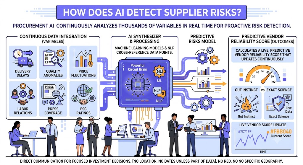 A detailed B2B infographic explaining how AI detects supplier risks. The visualization strictly uses a five-color palette (violet-blue, vibrant orange, light blue, black, and white). The continuous process flow shows on the left six variable panels for 'delivery delays', 'quality anomalies', 'price fluctuations', 'labor relations', 'press coverage', and 'ESG ratings' feeding into a central 'AI Synthesizer & Processing' module with a powerful circuit brain and NLP icon, stating 'machine learning models & NLP cross-reference data points'. A predictive risks model is generated, leading to 'predictive vendor reliability score (outcomes)' on the right, visualized by a large gauge score, historical trend chart, and a comparison contrasting gut instinct with exact science. Diverse professionals collaborate in a modern tech-driven cityscape. The footer provides direct communication text.