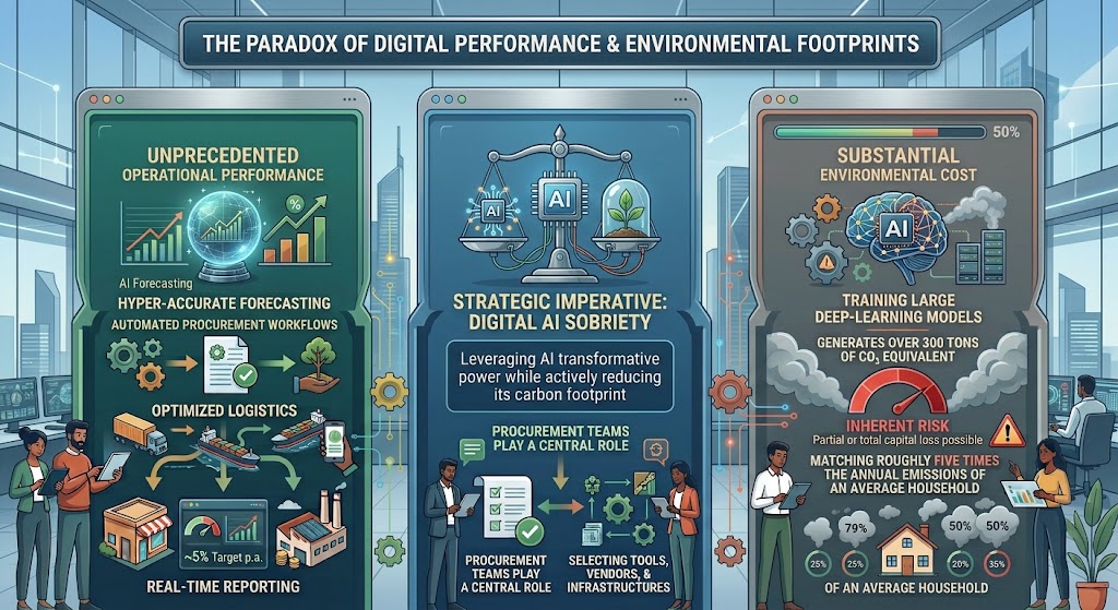 A detailed professional B2B infographic titled 'THE PARADOX OF DIGITAL PERFORMANCE & ENVIRONMENTAL FOOTPRINTS', contrasting AI's operational benefits with its environmental impact. The image is split into three dashboards: The left (teal) panel, 'UNPRECEDENTED OPERATIONAL PERFORMANCE', details AI-driven advantages like 'AI Forecasting', 'Hyper-Accurate Forecasting', 'Automated Procurement Workflows', 'Optimized Logistics', and 'Real-Time Reporting' featuring diverse business people. The central (blue) panel, 'STRATEGIC IMPERATIVE: DIGITAL AI SOBRIETY', shows a balance scale with an AI brain and a plant, focusing on leveraging AI power while reducing its carbon footprint, with a role for procurement teams. The right (terracotta) panel, 'SUBSTANTIAL ENVIRONMENTAL COST', highlights costs such as 'Training Large Deep-Learning Models', generating over 300 tons of CO2 equivalent, inherent risks, and a comparison to an average household's emissions, with professionals in an office with servers.