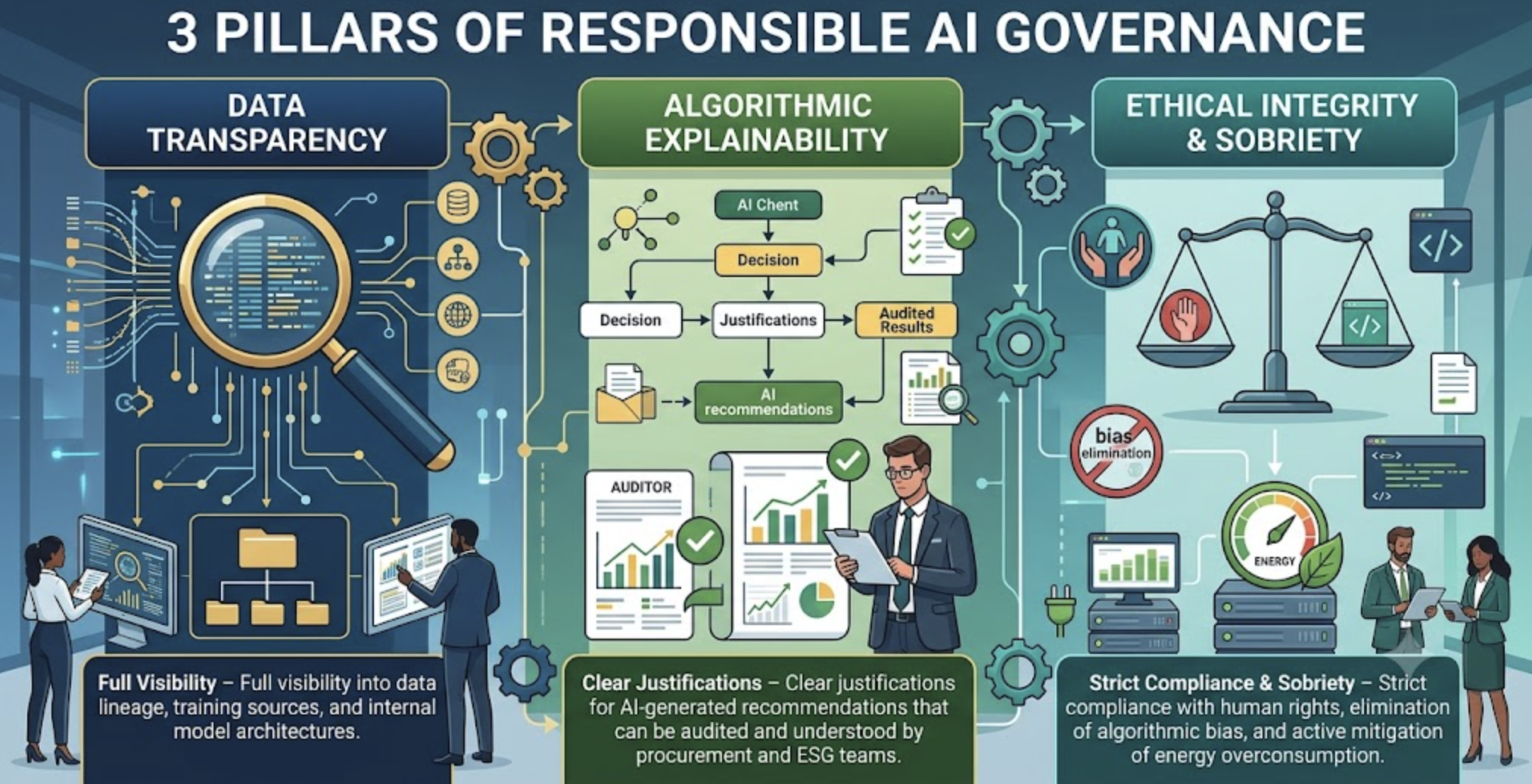A detailed professional infographic titled '3 Pillars of Responsible AI Governance'. It features three distinct columns: 'Data Transparency', with a magnifying glass over data lineage and internal model architecture analysis; 'Algorithmic Explainability', with flowcharts of audited AI recommendations and clear justifications for procurement and ESG teams; and 'Ethical Integrity & Sobriety', with a scale of justice, a bias elimination symbol, and an energy overconsumption mitigation meter over servers. The overall scene shows business professionals working with technology and reports.