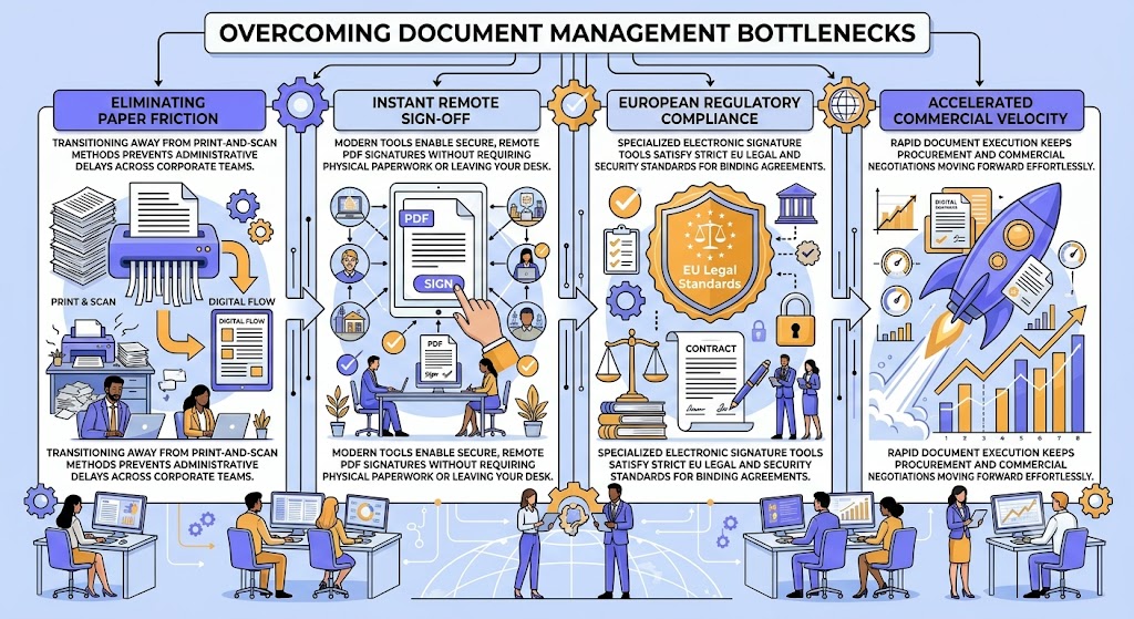 A detailed professional corporate infographic titled 'Overcoming Document Management Bottlenecks'. It is structured in four interconnected panels: 'Eliminating Paper Friction' (transitioning from print-and-scan to digital flow), 'Instant Remote Sign-Off' (secure PDF signatures from any desk), 'European Regulatory Compliance' (specialized electronic signature tools satisfying EU legal standards for binding contracts), and 'Accelerated Commercial Velocity' (rocket illustration showing rapid document execution keeping procurement and commercial negotiations moving forward effortlessly). The overall scene is connected by digital lines and gears, with professional teams working at computer stations in a modern office network background.