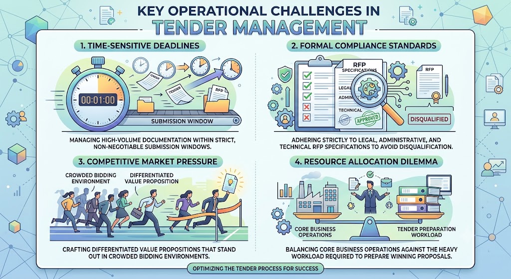 A professional B2B infographic titled "KEY OPERATIONAL CHALLENGES IN TENDER MANAGEMENT" with a clean vector design in teal-green, blue, and gold. It features four numbered panels. 1. TIME-SENSITIVE DEADLINES, showing a stopwatch (00:01:00) and clocks. 2. FORMAL COMPLIANCE STANDARDS, with a checklist and magnifying glass on specific compliance sections and an Approved/Disqualified status. 3. COMPETITIVE MARKET PRESSURE, featuring a diverse crowd of professionals racing towards a unique glowing document. 4. RESOURCE ALLOCATION DILEMMA, with a balance scale comparing core operations to tender workload. The bottom banner text is verbatim. All original descriptive text is included and legible.