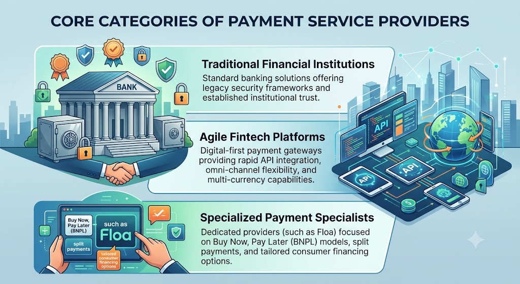A professional B2B infographic titled 'CATEGORIES CLES DES PRESTATAIRES DE SERVICES DE PAIEMENT (PSP)', which translates to 'Core Categories of Payment Service Providers'. The image illustrates and contrasts various PSP types. The left side features a classic bank building (BANQUE) with professionals, representing traditional banking, while the right side shows a modern tech professional managing multi-channel digital payments across a computer, tablet, and mobile screens. Interconnecting lines visualize the relationship between traditional PSPs, payment facilitators, specialized providers, and the overall digital payment ecosystem. The style is clean vector illustration using a blue, green, and orange color palette.