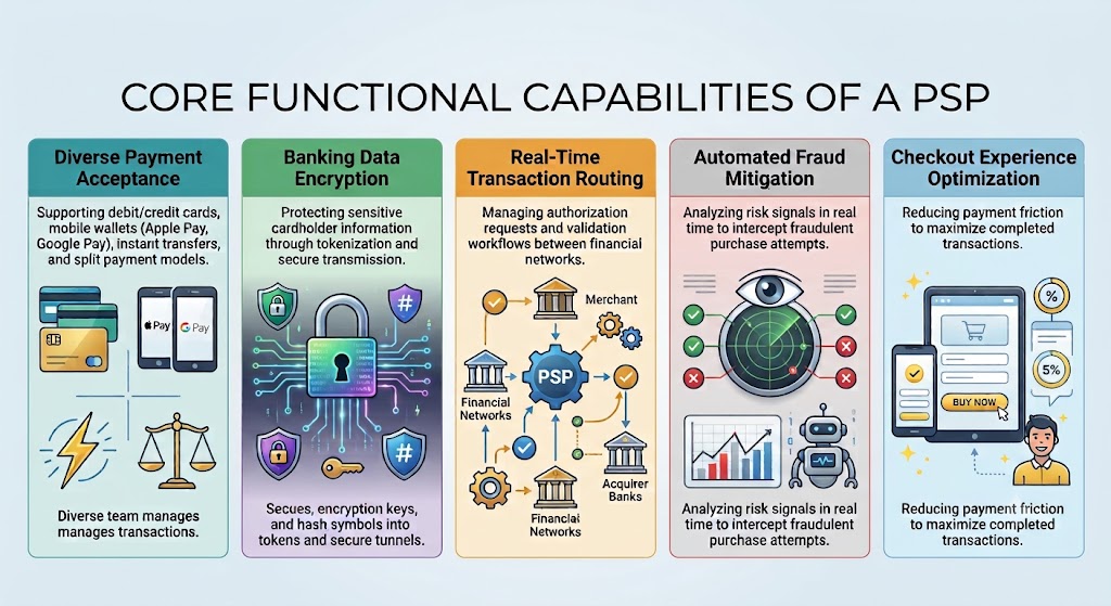 A detailed professional infographic showing the five core functional capabilities of a Payment Service Provider (PSP). The columns, from left to right, represent: 1. Diverse Payment Acceptance (cards, mobile wallets like Apple Pay and Google Pay), 2. Banking Data Encryption (tokenization and hash symbols), 3. Real-Time Transaction Routing (between merchants, PSP, and acquirer banks), 4. Automated Fraud Mitigation (risk analysis with radar and robot), and 5. Checkout Experience Optimization (friction reduction for completed transactions). Each column includes illustrative icons and descriptive text.