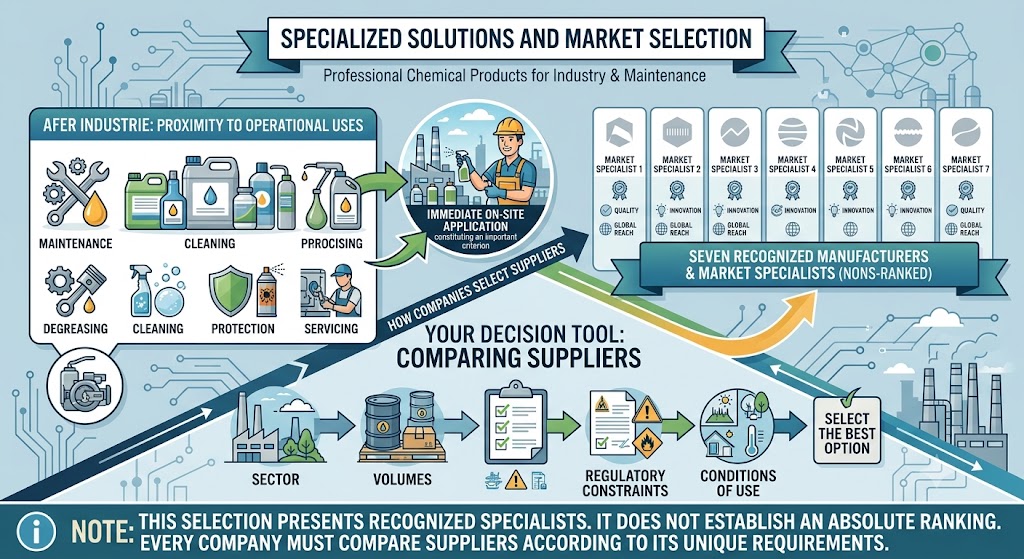 Infographic on Specialized Solutions and Market Selection for professional chemical products in industry and maintenance. The left panel details Afer Industrie's proximity to operational uses, showing icons for maintenance, cleaning, degreasing, protection, and servicing, emphasizing immediate on-site application. The right panel lists seven recognized, non-ranked chemical manufacturers and market specialists, each marked with quality, innovation, and global reach indicators. The central flowchart provides a 'Your Decision Tool: Comparing Suppliers' process with key factors like sector, volumes, regulatory constraints, and conditions of use, leading to selecting the best option.