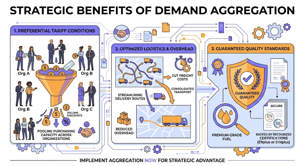 A detailed professional infographic titled 'STRATEGIC BENEFITS OF DEMAND AGGREGATION' with three connected vertical panels using flowing lines, gears, and diverse business professionals. Column 1: '1. PREFERENTIAL TARIFF CONDITIONS' showing pooling of resources and organizations Org A, Org B, Org C for volume discounts and a handshake. Column 2: '2. OPTIMIZED LOGISTICS & OVERHEAD' comparing winding to consolidated delivery routes with trucks, a clock, gears, and text like 'STREAMLINING DELIVERY ROUTES', 'CUT FREIGHT COSTS', 'CONSOLIDATED TRANSPORT', 'REDUCED OVERHEAD'. Column 3: '3. GUARANTEED QUALITY STANDARDS' with a shield, laurel, checkmark, a magnifying glass inspecting premium fuel or pellets, and secure documents featuring generic ENplus and DINplus certifications. Diverse teams of people from different backgrounds are included. The overall style is clean vector in specific purple and orange colors against a light blue background. A bottom banner communicates 'IMPLEMENT AGGREGATION NOW FOR STRATEGIC ADVANTAGE'. Perfect spelling throughout.