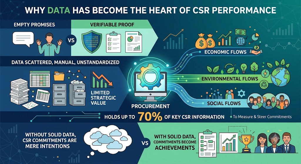 An infographic titled 'Why Data Has Become the Heart of CSR Performance'. It visually contrasts 'Empty Promises' with 'Verifiable Proof' backed by data. The left side illustrates how scattered, manual, and unstandardized data leads to limited strategic value. In the center, 'Procurement' is represented as a digital hub connecting three core areas: Economic Flows, Environmental Flows, and Social Flows, noting that it holds up to 70% of key CSR information. The bottom section emphasizes that without solid data, CSR commitments are mere intentions, whereas with solid data, they become verifiable achievements, illustrated by a trophy and a successful team.