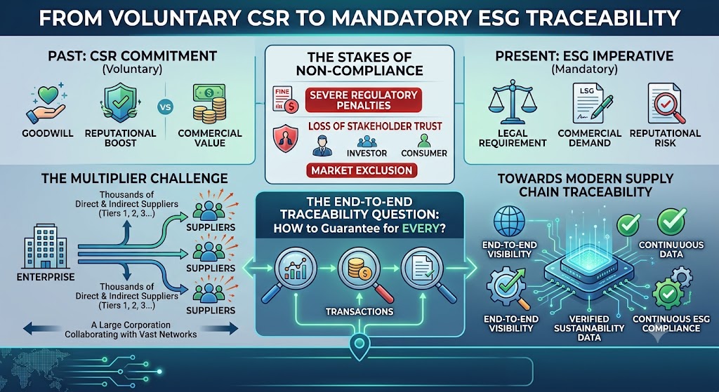 B2B corporate infographic titled 'FROM VOLUNTARY CSR TO MANDATORY ESG TRACEABILITY'. It contrasts past voluntary CSR commitments, such as goodwill and reputational boost, with the present mandatory ESG imperative, detailing legal requirements and reputational risk. The graphic visualizes 'THE MULTIPLIER CHALLENGE' of a large enterprise collaborating with vast networks of thousands of direct and indirect suppliers (Tiers 1, 2, 3...). It poses the question of how to guarantee end-to-end traceability for every transaction, data point, and document, and concludes with solutions for 'TOWARDS MODERN SUPPLY CHAIN TRACEABILITY' with verified sustainability data and continuous ESG compliance. The design uses a clean, professional blue, green, and orange color palette.