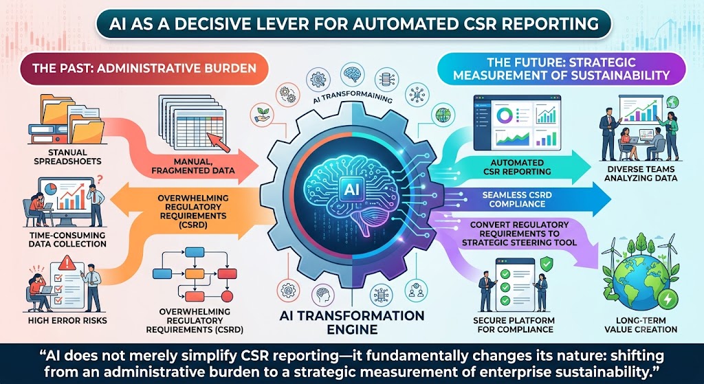 A B2B corporate infographic titled 'AI AS A DECISIVE LEVER FOR AUTOMATED CSR REPORTING'. The left side depicts 'THE PAST: ADMINISTRATIVE BURDEN', showing manual spreadsheets, time-consuming data collection, fragmented data, and high error risks. The center features a glowing AI brain inside a gear, labeled 'AI TRANSFORMATION ENGINE'. The right side illustrates 'THE FUTURE: STRATEGIC MEASUREMENT OF SUSTAINABILITY', highlighting automated CSR reporting, seamless CSRD compliance, and long-term value creation with diverse professionals analyzing data. The footer includes the quote: 'AI does not merely simplify CSR reporting—it fundamentally changes its nature: shifting from an administrative burden to a strategic measurement of enterprise sustainability.'