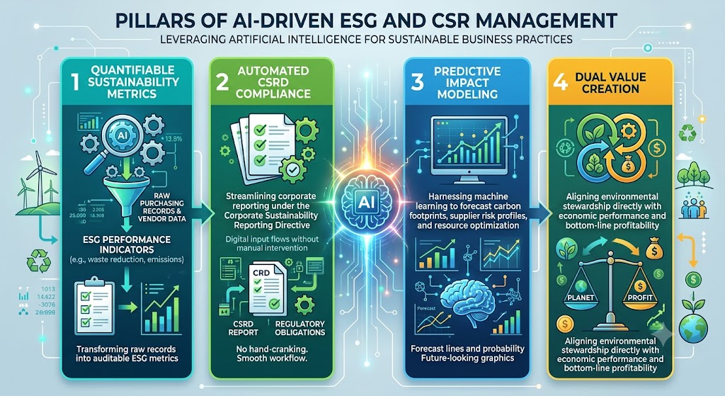 An infographic titled 'Pillars of AI-driven ESG and CSR Management: Leveraging artificial intelligence for sustainable business practices'. It is divided into four main sections connected by a central AI hub. Pillar 1, 'Quantifiable Sustainability Metrics', illustrates transforming raw purchasing records into auditable ESG performance indicators. Pillar 2, 'Automated CSRD Compliance', shows digital documents representing streamlined corporate reporting and regulatory obligations. Pillar 3, 'Predictive Impact Modeling', displays forecasting charts and a digital brain representing machine learning to forecast carbon footprints. Pillar 4, 'Dual Value Creation', depicts a balance scale equally weighing 'Planet' and 'Profit' to align environmental stewardship with economic performance.