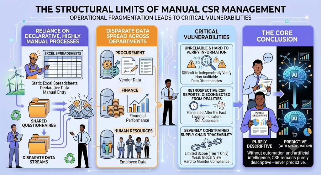 Detailed corporate infographic titled 'THE STRUCTURAL LIMITS OF MANUAL CSR MANAGEMENT' illustrating how operational fragmentation from relying on declarative, manual processes like Excel spreadsheets, questionnaires, and disparate data streams across Procurement, Finance, and HR leads to critical vulnerabilities including unreliable information, retrospective reports disconnected from reality, and constrained supply chain traceability, concluding that CSR remains purely descriptive without automation and artificial intelligence compared to a predictive approach with AI.