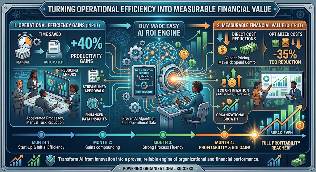 Corporate infographic titled 'Turning operational efficiency into measurable financial value'. The left section details 'Operational Efficiency Gains' featuring a 40% productivity gain from automating manual tasks. The center depicts the 'Buy Made Easy AI ROI Engine' converting data. The right section highlights 'Measurable Financial Value' showing a 35% TCO reduction and optimized costs. A timeline at the bottom tracks progress from Month 1 to Month 4, marking 'Full Profitability Reached!' at the break-even point. The footer reads 'Transform AI from innovation into a proven, reliable engine of organizational and financial performance.'