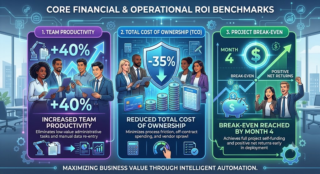An infographic titled 'Core Financial & Operational ROI Benchmarks' detailing three key benefits: +40% Increased Team Productivity by eliminating low-value tasks; -35% Reduced Total Cost of Ownership (TCO) by minimizing friction and off-contract spend; and Project Break-Even Reached by Month 4 for early self-funding and positive net returns. The image features diverse business teams, robotic arms, a data shield, and growth graphs, with a bottom banner reading 'Maximizing Business Value Through Intelligent Automation.'