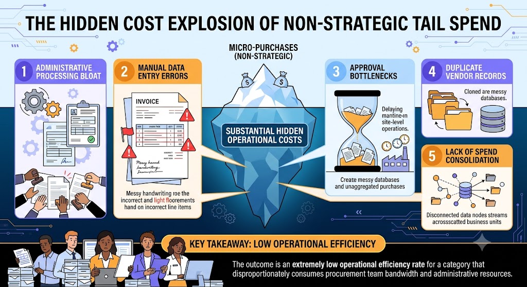 A procurement infographic titled 'The Hidden Cost Explosion of Non-Strategic Tail Spend'. It uses an iceberg metaphor to show 'Substantial Hidden Operational Costs' beneath visible 'Micro-Purchases (Non-Strategic)'. Five main drivers are listed: 1. Administrative Processing Bloat, 2. Manual Data Entry Errors, 3. Approval Bottlenecks, 4. Duplicate Vendor Records, and 5. Lack of Spend Consolidation. Overworked staff are shown at the bottom with the key takeaway: 'Low Operational Efficiency'.