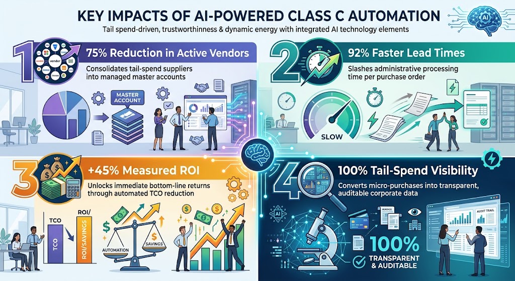 A procurement infographic titled 'Key Impacts of AI-Powered Class C Automation'. An artificial intelligence brain connects four main benefit quadrants. Quadrant 1 highlights a 75% Reduction in Active Vendors by consolidating tail-spend suppliers into master accounts. Quadrant 2 shows 92% Faster Lead Times by slashing administrative processing time per purchase order. Quadrant 3 displays a +45% Measured ROI, unlocking immediate bottom-line returns through TCO reduction. Quadrant 4 emphasizes 100% Tail-Spend Visibility, converting micro-purchases into transparent, auditable corporate data using digital audit trails.