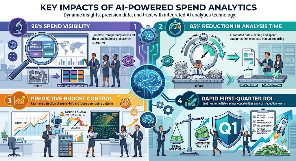 A four-quadrant procurement infographic illustrating the key impacts of AI-powered spend analytics. Quadrants detail metrics: 98% Spend Visibility, 85% Reduction in Analysis Time, Predictive Budget Control for rogue purchasing detection, and Rapid Q1 ROI showing immediate savings. A glowing AI brain is at the center connecting all sections with circuits.