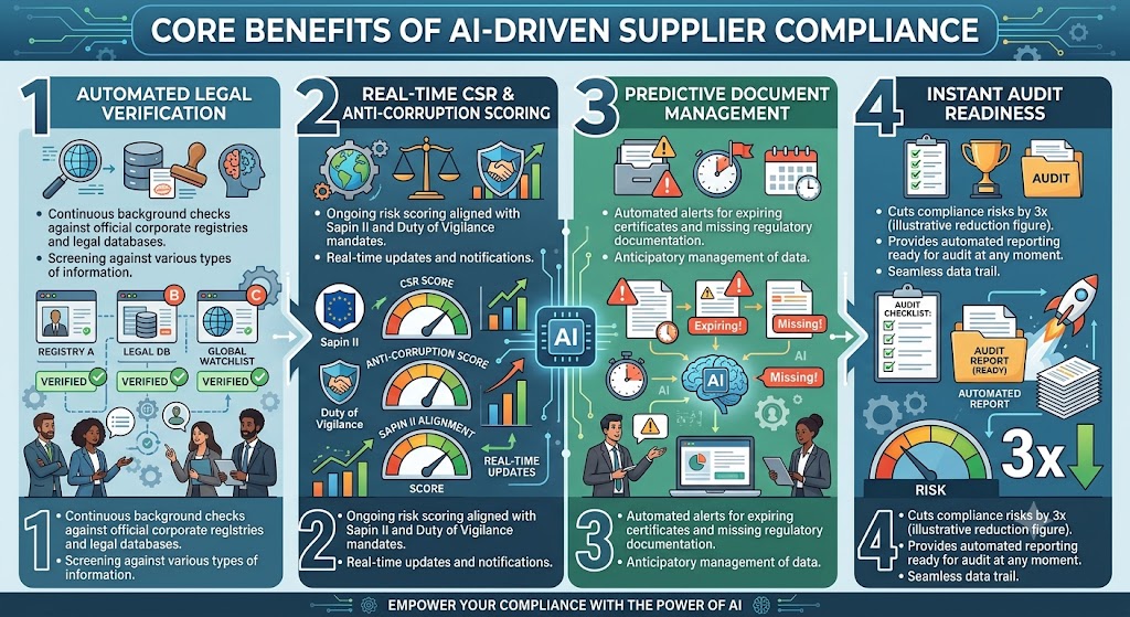 A four-column procurement infographic titled 'Core benefits of AI-driven supplier compliance'. Column 1, 'Automated Legal Verification', shows continuous background checks against official corporate registries with verified digital profiles. Column 2, 'Real-Time CSR & Anti-Corruption Scoring', displays dynamic risk scoring gauges aligned with Sapin II and Duty of Vigilance mandates. Column 3, 'Predictive Document Management', illustrates an AI central processor managing automated alerts for expiring certificates and missing regulatory documentation. Column 4, 'Instant Audit Readiness', highlights a 3x reduction in compliance risks, featuring an audit checklist, a ready audit report, and a rocket ship icon symbolizing speed. The footer reads 'Empower your compliance with the power of AI'.