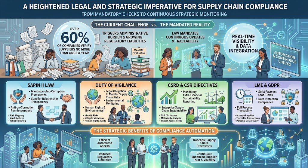 A comprehensive corporate infographic titled 'A heightened legal and strategic imperative for supply chain compliance'. The top section contrasts 'The Current Challenge', showing overwhelmed workers and noting that over 60% of companies verify suppliers no more than once a year, against 'The Mandated Reality' featuring professionals using automated systems for real-time visibility. The middle section breaks down four key regulatory frameworks: Sapin II Law for anti-corruption, Duty of Vigilance for supply chain risk monitoring, CSRD & CSR Directives for sustainability reporting, and LME & GDPR for strict payment lead-times and data privacy. The bottom section outlines the strategic benefits of compliance automation, including efficient checks, reduced regulatory liabilities, and traceable supply chain processes.