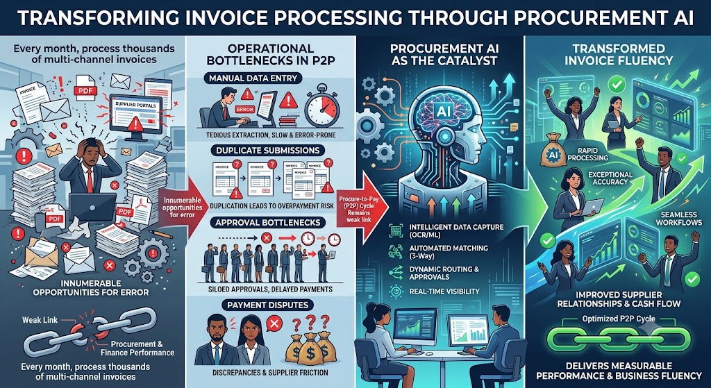 An infographic titled 'Transforming invoice processing through procurement AI'. The left panel depicts the chaos of processing thousands of multi-channel invoices manually, highlighting operational bottlenecks in the Procure-to-Pay (P2P) cycle like data entry errors, duplicate submissions, approval bottlenecks, and payment disputes, symbolized by a broken chain. The central panel shows a glowing AI robotic profile acting as the catalyst for intelligent data capture and automated matching. The right panel illustrates 'Transformed Invoice Fluency', featuring professionals experiencing rapid processing, exceptional accuracy, and seamless workflows, resulting in an optimized, fully connected P2P chain.