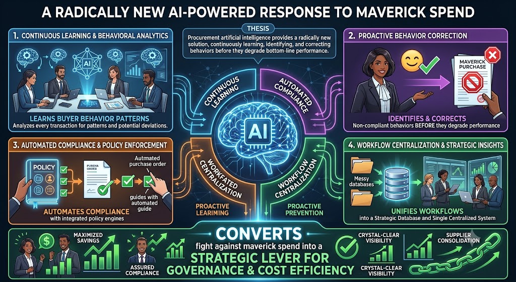 An infographic titled "A RADICALLY NEW AI-POWERED RESPONSE TO MAVERICK SPEND" illustrating how procurement AI transforms spend management. The image details four key steps surrounding a central neural network AI brain: 1. Continuous Learning & Behavioral Analytics to learn buyer patterns, 2. Proactive Behavior Correction to identify and correct non-compliant behavior, 3. Automated Compliance & Policy Enforcement using integrated engines and automated purchase order guides, and 4. Workflow Centralization & Strategic Insights to unify data into a strategic centralized system. A central message states procurement AI detects and corrects purchasing before it degrades performance. The bottom summary shows how this approach converts the fight against maverick spend into a strategic lever for governance and cost efficiency, delivering benefits such as maximized savings, assured compliance, crystal-clear visibility, and supplier consolidation.