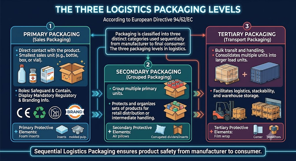 An infographic titled 'The Three Logistics Packaging Levels According to European Directive 94/62/EC'. It illustrates the sequential classification of packaging from manufacturer to final consumer. Section 1 covers Primary Packaging (Sales Packaging), showing direct product contact items like bottles and boxes used for safeguarding and displaying regulatory info. Section 2 details Secondary Packaging (Grouped Packaging), showing multiple primary units grouped in corrugated boxes for retail distribution. Section 3 explains Tertiary Packaging (Transport Packaging), depicting pallets, shipping containers, and a forklift used for bulk transit, handling, and warehouse storage. The footer reads 'Sequential Logistics Packaging ensures product safety from manufacturer to consumer'.