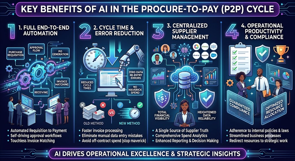 An infographic detailing the 'Key benefits of AI in the Procure-to-Pay (P2P) cycle' across four numbered columns. Column 1 highlights 'Full End-to-End Automation' with mechanical gears connecting purchase requisition to invoice matching. Column 2 illustrates 'Cycle Time & Error Reduction', contrasting a slow manual process against a fast automated process that eliminates data re-entry errors and maverick spend. Column 3 shows 'Centralized Supplier Management' with a central cloud database connecting diverse suppliers, ensuring total financial visibility and heightened data reliability. Column 4 focuses on 'Operational Productivity & Compliance', featuring a team of professionals surrounded by compliance shields, checklists, and optimized resource allocation metrics. The footer reads 'AI drives operational excellence & strategic insights'.