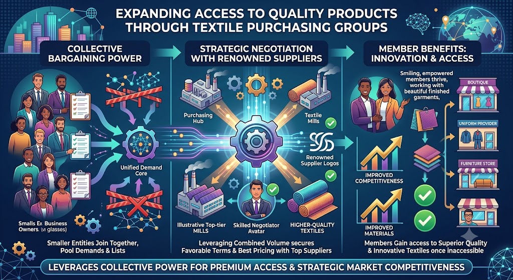 An infographic titled 'EXPANDING ACCESS TO QUALITY PRODUCTS THROUGH TEXTILE PURCHASING GROUPS'. The left section, 'COLLECTIVE BARGAINING POWER', shows a diverse group of small business owners pooling their resources into a unified demand core. The center section, 'STRATEGIC NEGOTIATION WITH RENOWNED SUPPLIERS', illustrates this central hub connecting with top-tier textile mills and skilled negotiators to secure favorable terms for higher-quality textiles. The right section, 'MEMBER BENEFITS: INNOVATION & ACCESS', displays empowered members, upward-trending charts indicating improved competitiveness, and premium fabric swatches being distributed to small businesses such as a boutique and a uniform provider. The footer states the strategy leverages collective power for premium access and strategic market competitiveness.