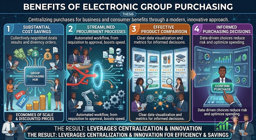 An infographic detailing the 'BENEFITS OF ELECTRONIC GROUP PURCHASING'. The visual is divided into four numbered columns illustrating key advantages: 1. 'Substantial Cost Savings' showing professionals achieving economies of scale and discounted prices around a central group purchasing hub; 2. 'Streamlined Procurement Processes' contrasting confused manual work with an automated, high-speed digital workflow; 3. 'Effective Product Comparison' featuring side-by-side product comparisons and clear data metrics for informed decisions; 4. 'Informed Purchasing Decisions' depicting a professional at a high-tech dashboard using data-driven choices to reduce risk and optimize spending. The footer summarizes the result: leveraging centralization and innovation for efficiency and savings.