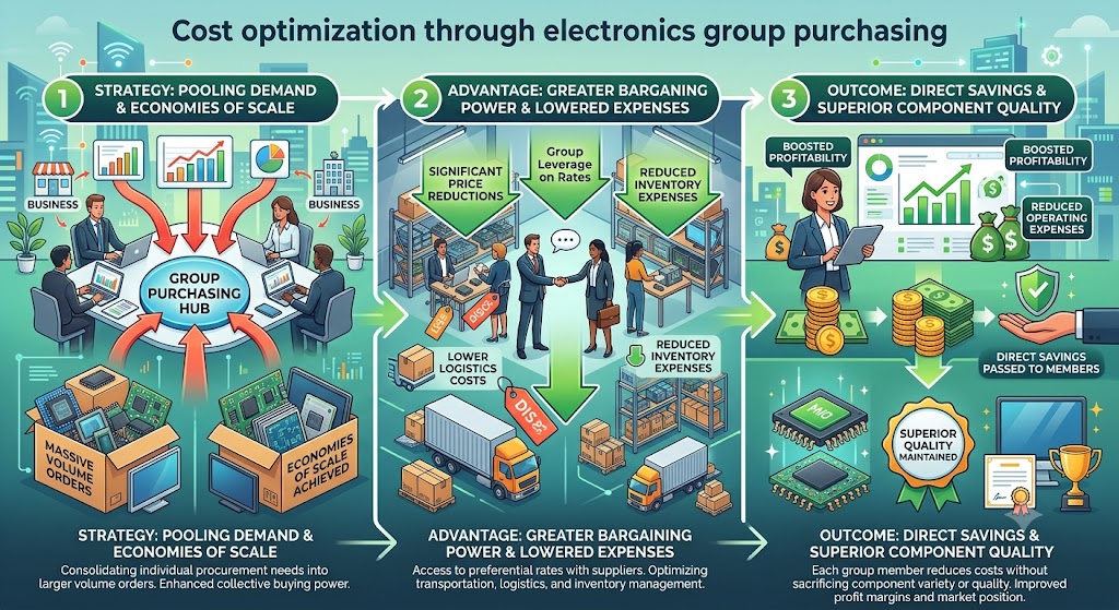 `An infographic titled 'COST OPTIMIZATION THROUGH ELECTRONICS GROUP PURCHASING'. The left section, 'STRATEGY', shows a diverse group of business professionals without glasses pooling procurement needs into a hub, creating economies of scale with stacked boxes of components labeled 'MASSIVE VOLUME ORDERS'. The center section, 'ADVANTAGE', features a logistics scene with warehouse, trucks, and downward arrows indicating significant price reductions and lowered logistics/inventory expenses. The right section, 'OUTCOME', displays a woman at a financial dashboard with upward charts and money bags, showing improved profit margins, direct savings, and a certificate of 'SUPERIOR QUALITY MAINTAINED'.