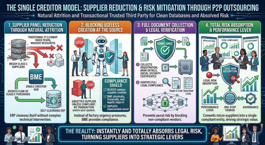 An infographic detailing 'The Single Creditor Model: Supplier Reduction and Risk Mitigation Through P2P Outsourcing'. The layout features four main panels. The first panel shows supplier panel reduction through natural attrition, contrasting a messy traditional IT cleanup with a streamlined BME Single Creditor Hub that diverts Class C purchases. The second panel illustrates blocking useless supplier creation at the source using a robotic compliance shield. The third panel details full document collection and legal verification, including checks for registration, bank details, and the Sapin 2 Law. The final panel demonstrates total risk absorption and performance leverage, showing how BME acts as a one-stop vendor to convert micro-suppliers into a single compliant entity. The footer emphasizes that this reality instantly and totally absorbs legal risk, turning suppliers into strategic levers.