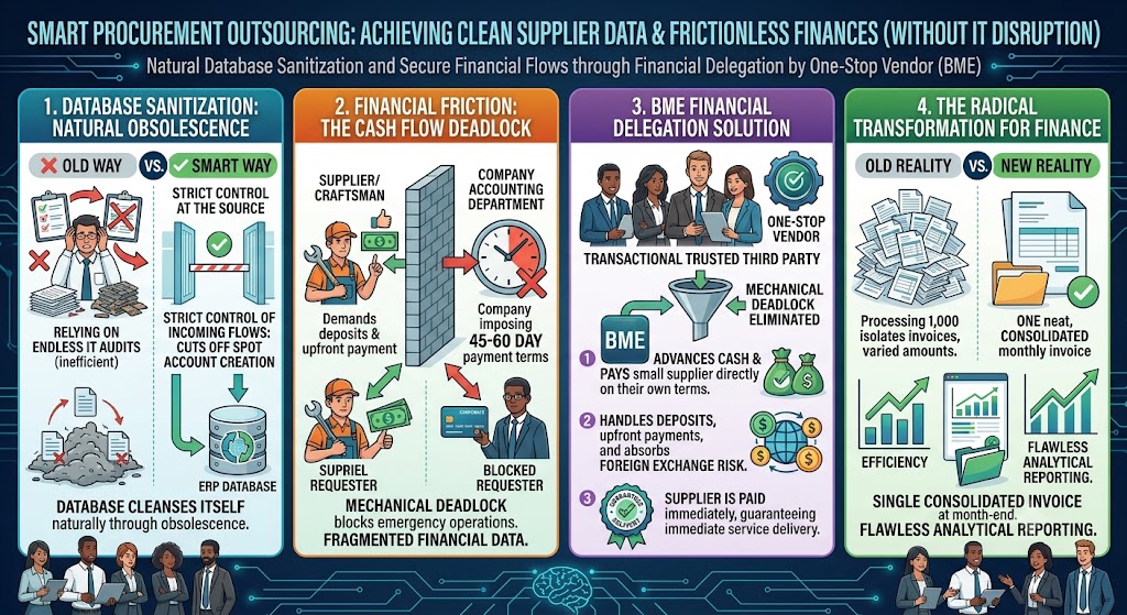 An infographic detailing 'Smart Procurement Outsourcing: Achieving Clean Supplier Data & Frictionless Finances (Without IT Disruption)'. The first panel illustrates database sanitization through natural obsolescence by cutting off spot account creation at the source. The second panel shows the cash flow deadlock caused by payment term discrepancies between craftsmen and accounting departments. The third panel highlights the BME financial delegation solution, where BME advances cash, handles deposits, and absorbs foreign exchange risk. The final panel demonstrates the radical transformation for finance, converting 1,000 isolated invoices into a single consolidated monthly invoice with flawless analytical reporting.