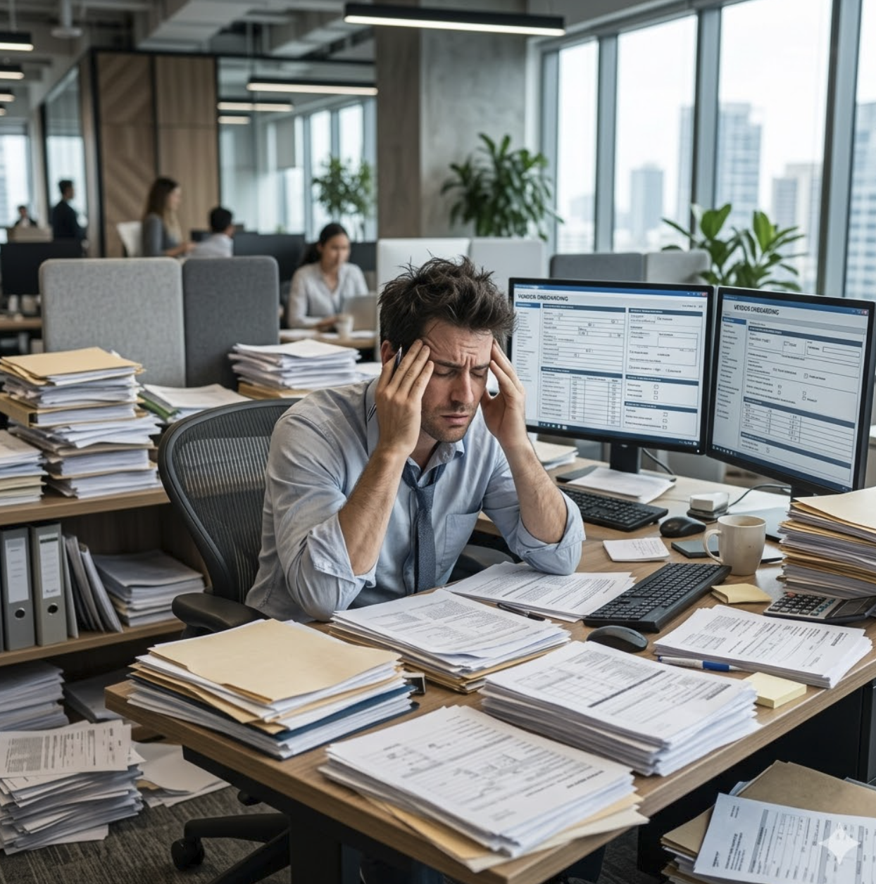 Buyer aziendale stressato davanti a pile di documenti amministrativi per la creazione di un account fornitore occasionale, a rappresentare la perdita di produttività.