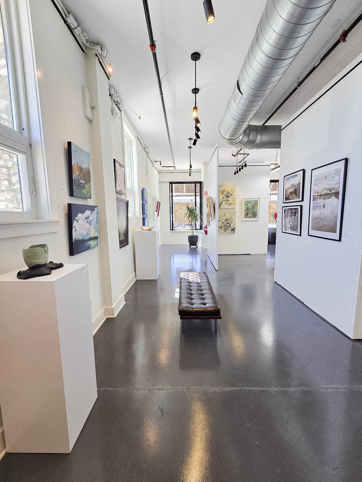 A view from inside the art gallery of Presson Gallery in Downtown Monroe